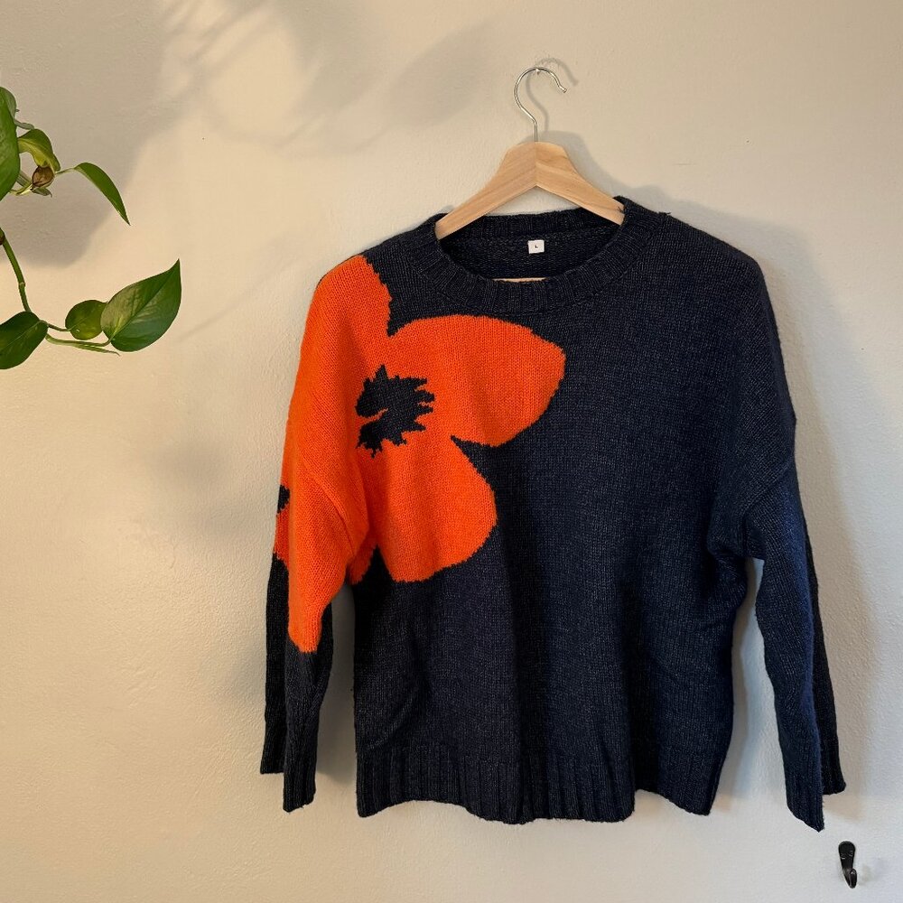 Navy Sweater with Orange Flower